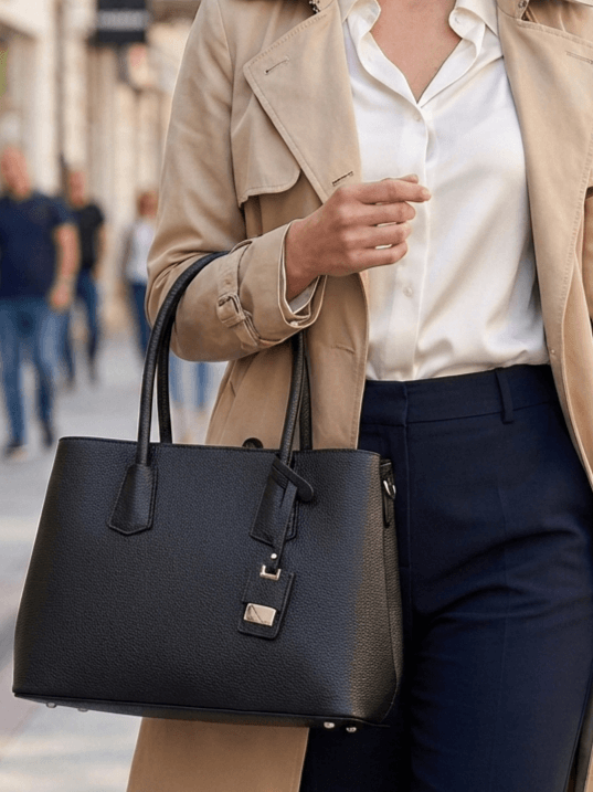 Елегантна жена с голяма черна дамска чанта, бизнес модел от естествена кожа със сребърни метални елементи.