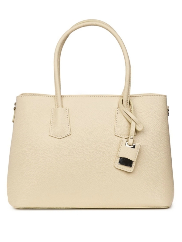 Голяма италианска дамска чанта от бежова релефна естествена кожа,