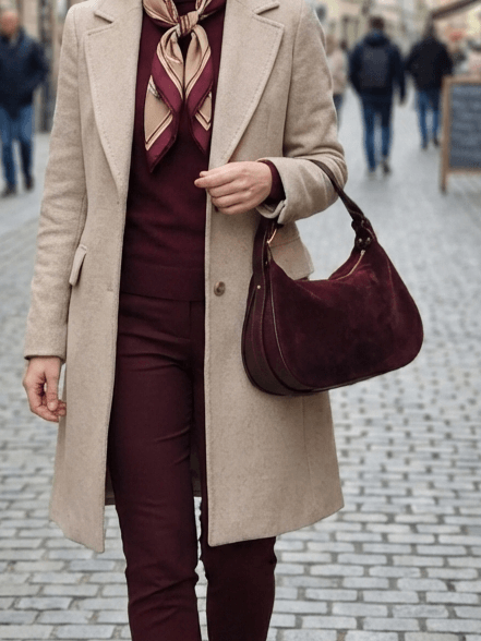 Women's burgundy suede bag with zipper, front view revealing the classic and cleanly crafted design.