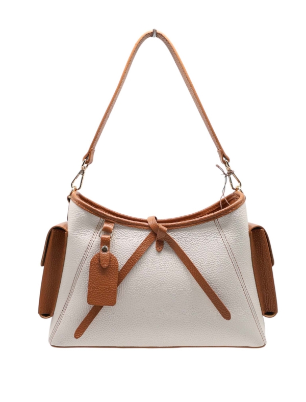 Italian genuine leather handbag in beige and camel, elegant design with decorative leather straps, offered by uniquefashion-online.com.