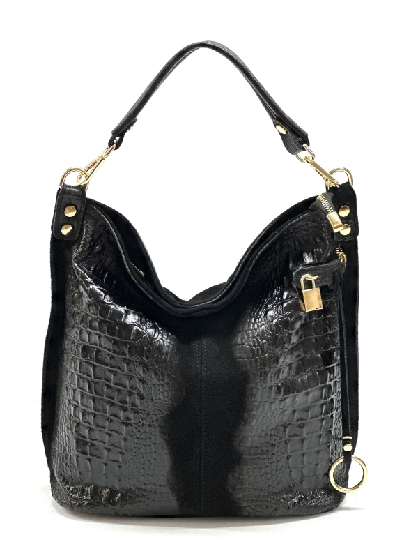 Black Italian genuine leather handbag with crocodile print and gold elements