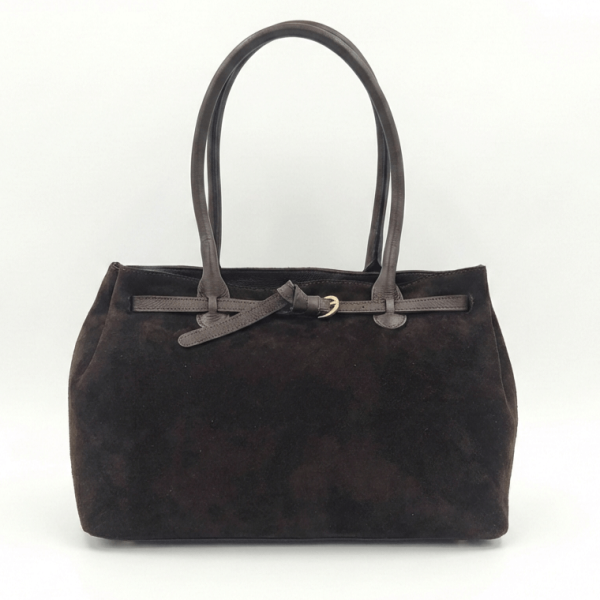 Тъмно кафява дамска чанта от естествен велур и кожа преден изглед