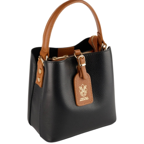 Two-tone genuine leather handbag in black and brown