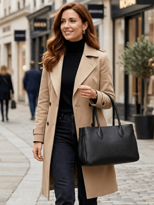Elegant black Italian handbag made of genuine leather with two short handles.