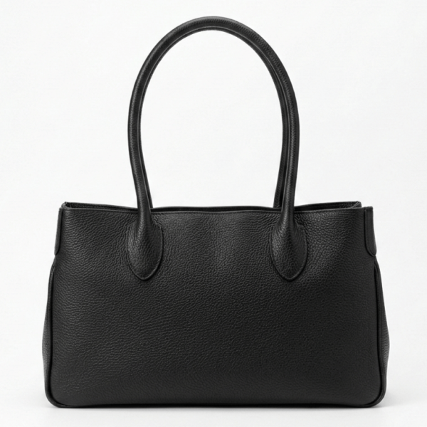 Elegant black Italian handbag made of genuine leather with two short handles.