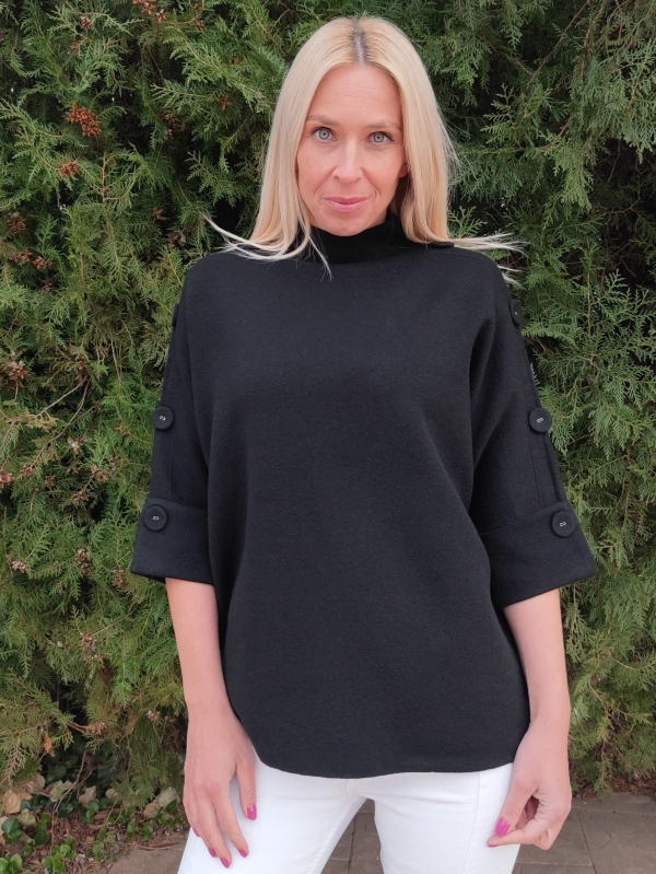 Elegant black women's sweater with short sleeves and decorative buttons, front view