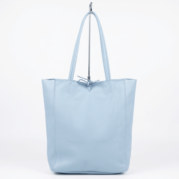 Light blue women's leather shopping shoulder bag with ribbon