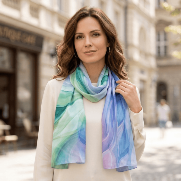 Women's viscose satin scarf, 85/190 cm | Watercolor pattern