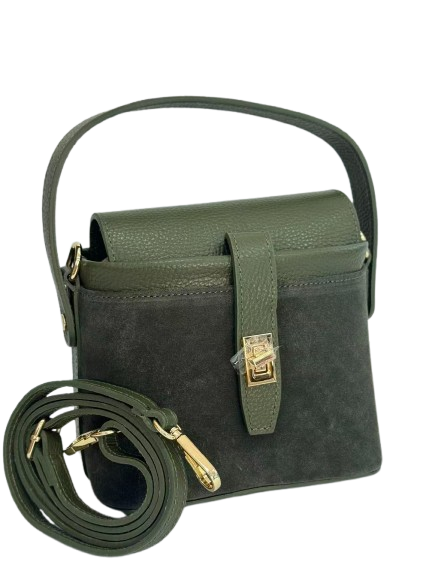 Малка дамска чанта маслиненозелен естествен велур и кожа с къса дръжка