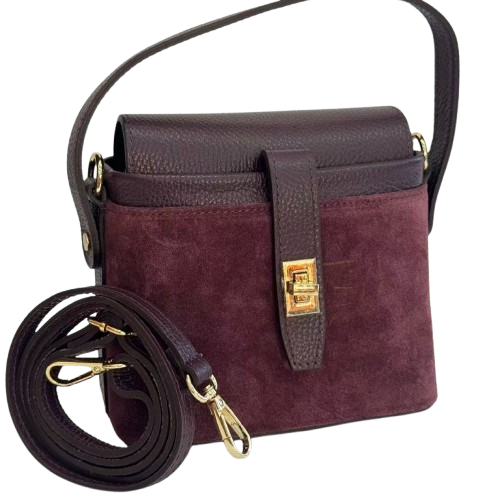 Италианска велурена чанта цвят бордо със златни елементи и дълга презрамка