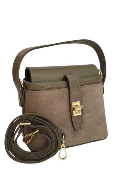 Elegant gray-beige suede bag with metal legs