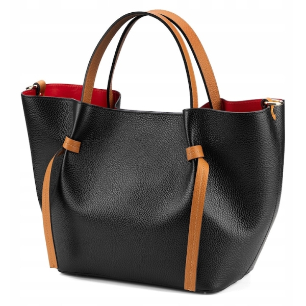 Black leather bag with red organizer Italian genuine leather 2 in 1