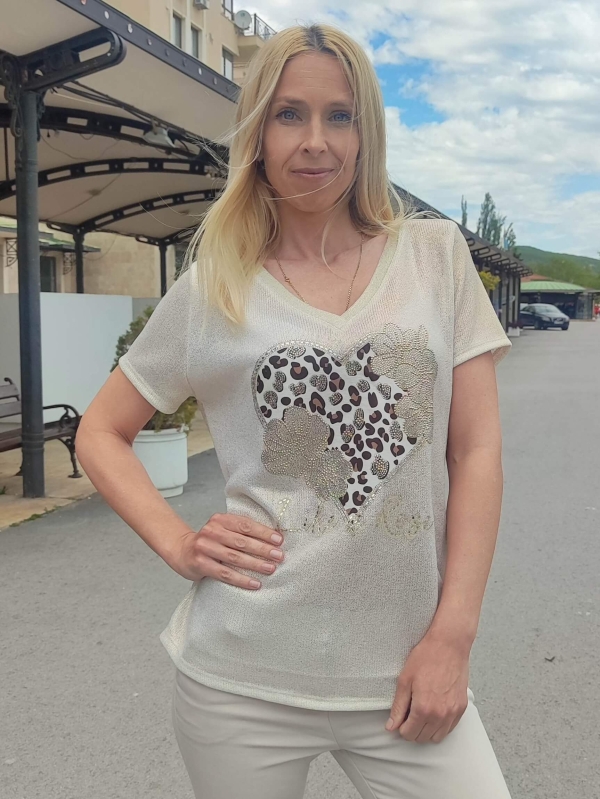 Elegant women's blouse with leopard heart and crystals "Like a Rose"