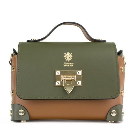"Two-tone Italian women's handbag made of genuine leather, khaki and brown, front view"