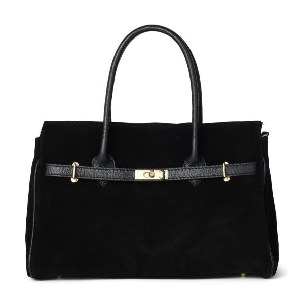 Luxury black handbag, natural suede, genuine leather, handmade, Italy