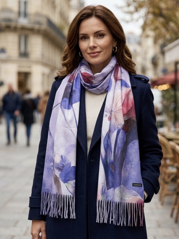 Елегантен кашмирен шал с флорални мотиви в лилаво, 180/70 | Unique Fashion