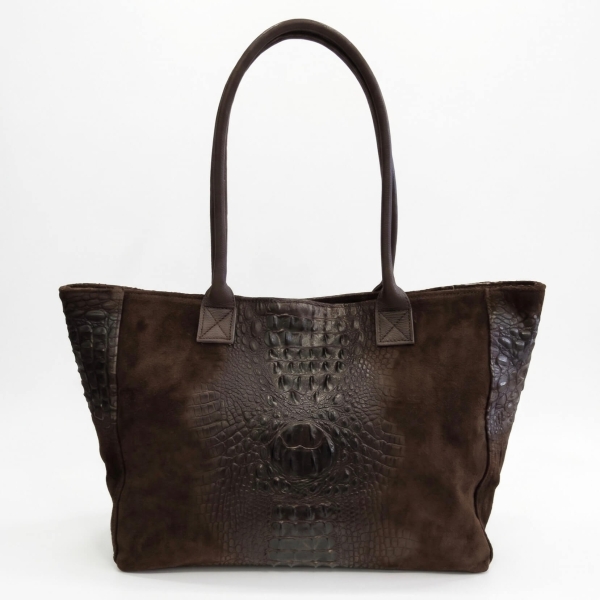Front view of a modern dark brown shopper bag, combining suede with a central panel featuring a crocodile-skin print.