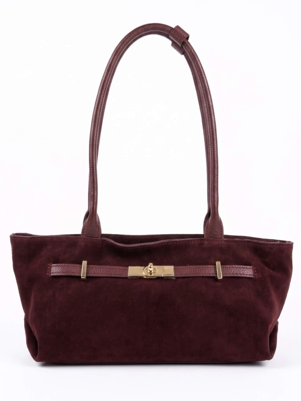 Women's genuine suede handbag in burgundy with gold-tone metal details by Unique Fashion