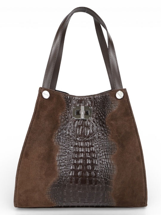 Elegant Italian women's handbag in genuine leather and suede, beige (taupe)