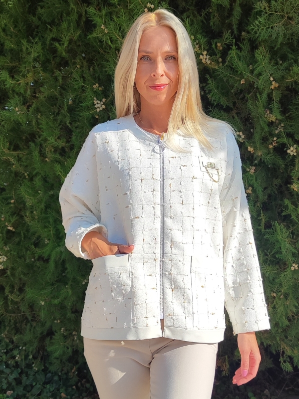 Women's bouclé jacket in white with gold thread