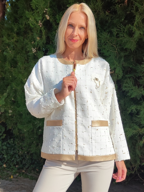 Women's bouclé jacket in white with gold thread