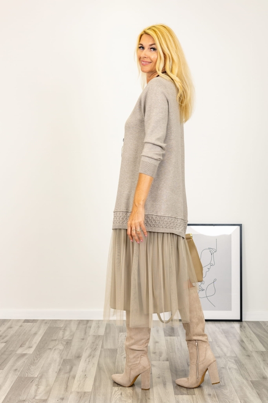 Asymmetric knit dress with tulle bottom