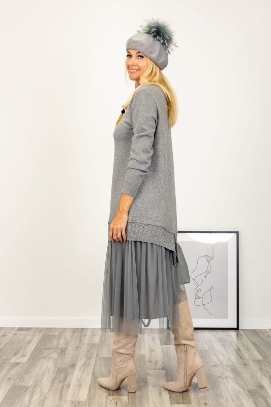 Asymmetric knit dress with tulle bottom