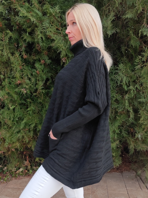 Women's black braided tunic with polo collar