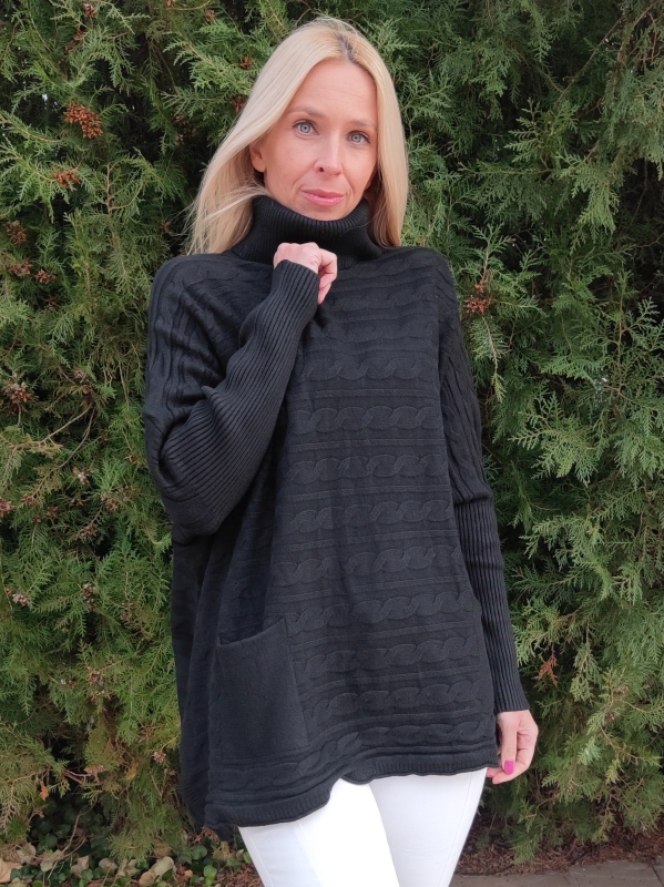 Women's black braided tunic with polo collar