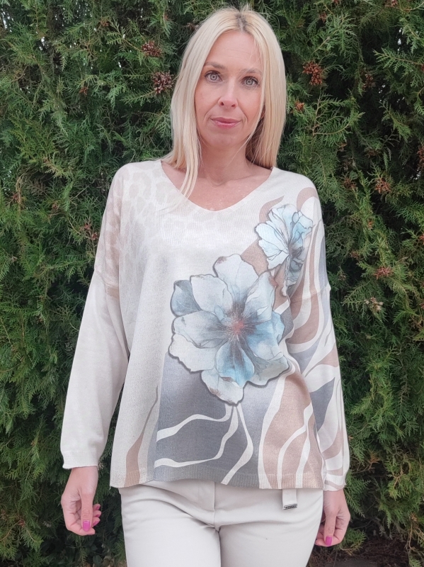 Women's sweater with golden effect and abstract print