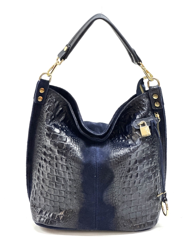 Handbag in dark blue with a crocodile print