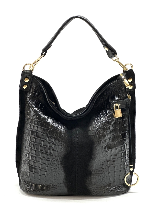 Handbag in black with a crocodile print