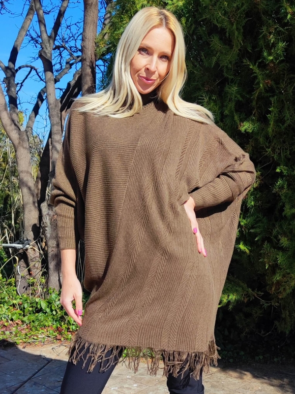 Asymmetric maxi tunic with fringes in brown