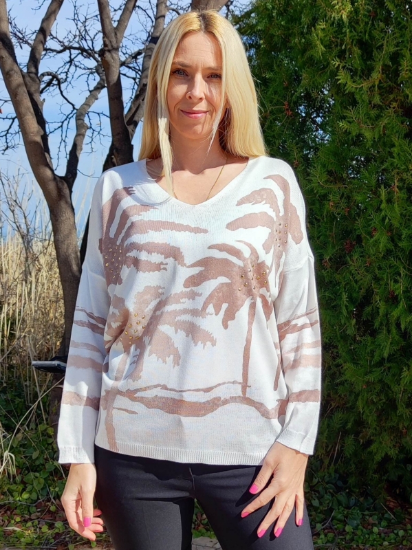 Women's blouse in white with beige palm tree print