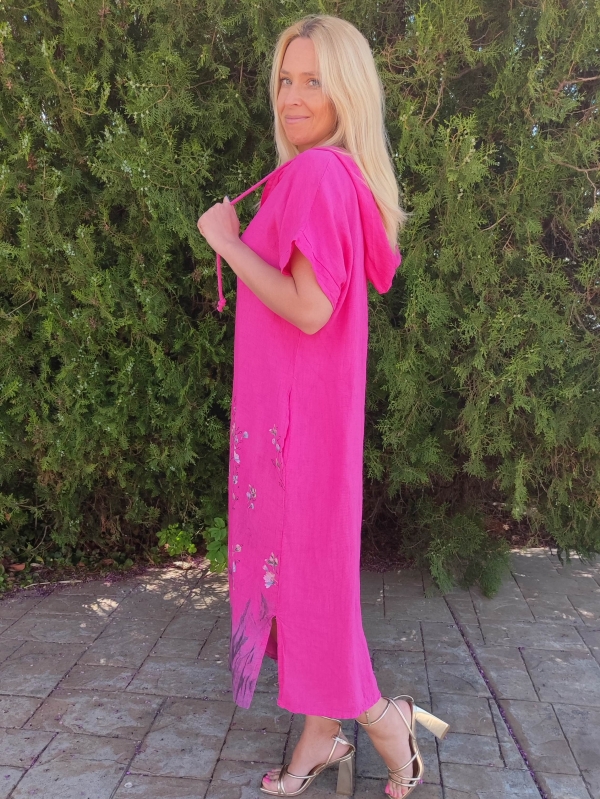 Ленена рокля  в цикламено с качулка