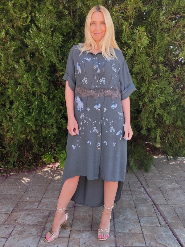 Linen dress with hood in beige