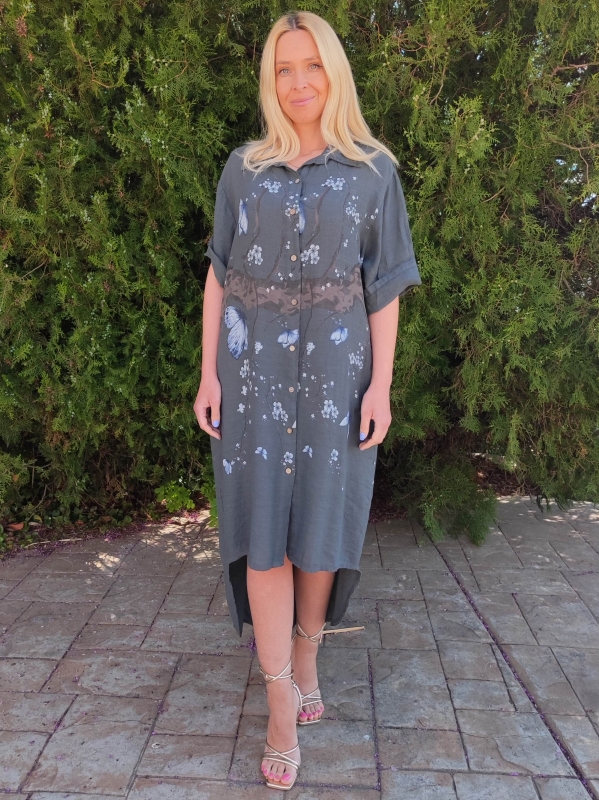 Linen dress with hood in beige