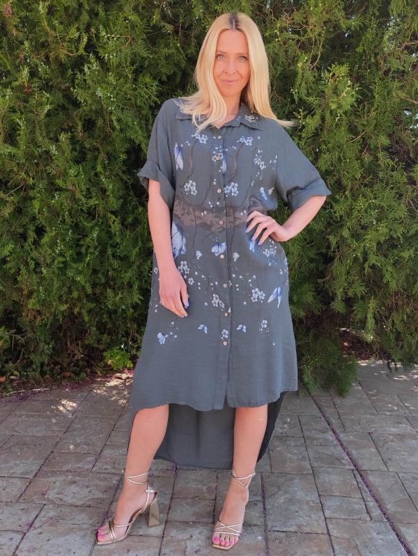 Linen dress with hood in beige