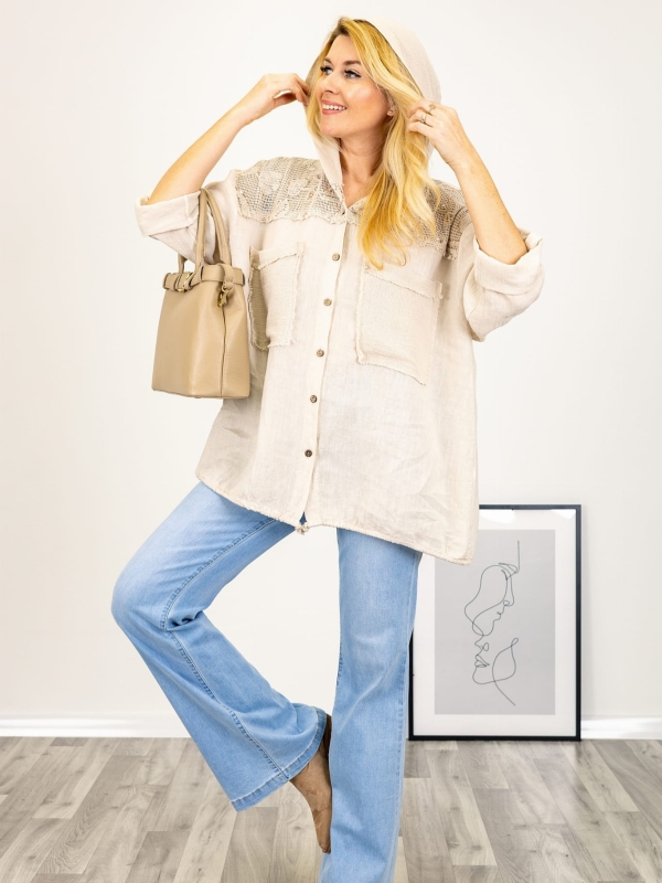  Linen shirt with hood in beige