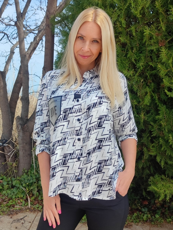 Elegant women's white shirt with black print