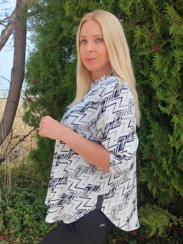 Elegant women's white shirt with black print
