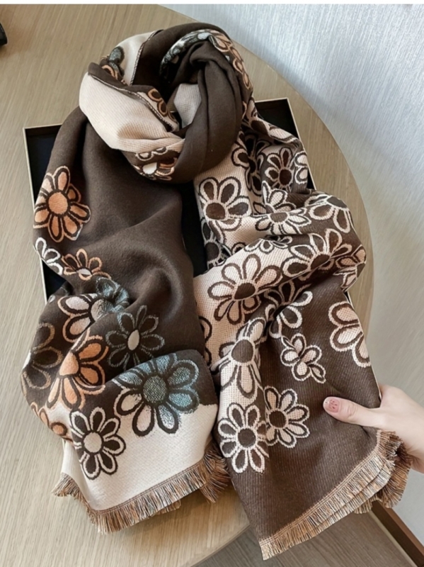 Women's scarf with floral motifs in brown and beige