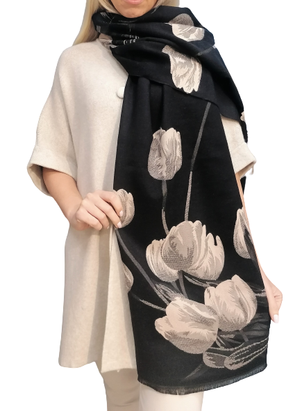 Luxurious women's scarf with floral print in black and beige