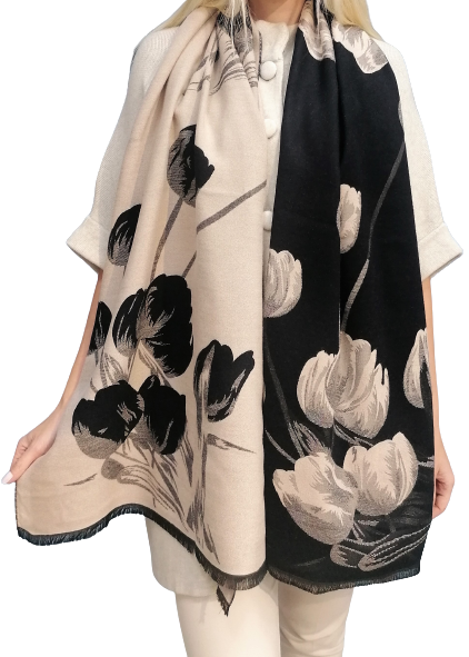 Luxurious women's scarf with floral print in black and beige