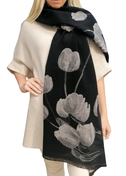 Luxurious women's scarf with floral print in black and grey 