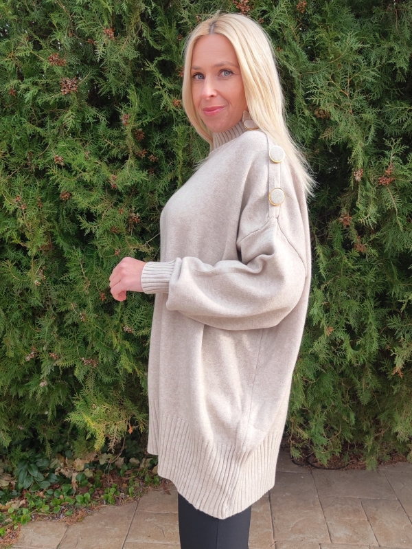Women's sweater with high collar and buttons in beige