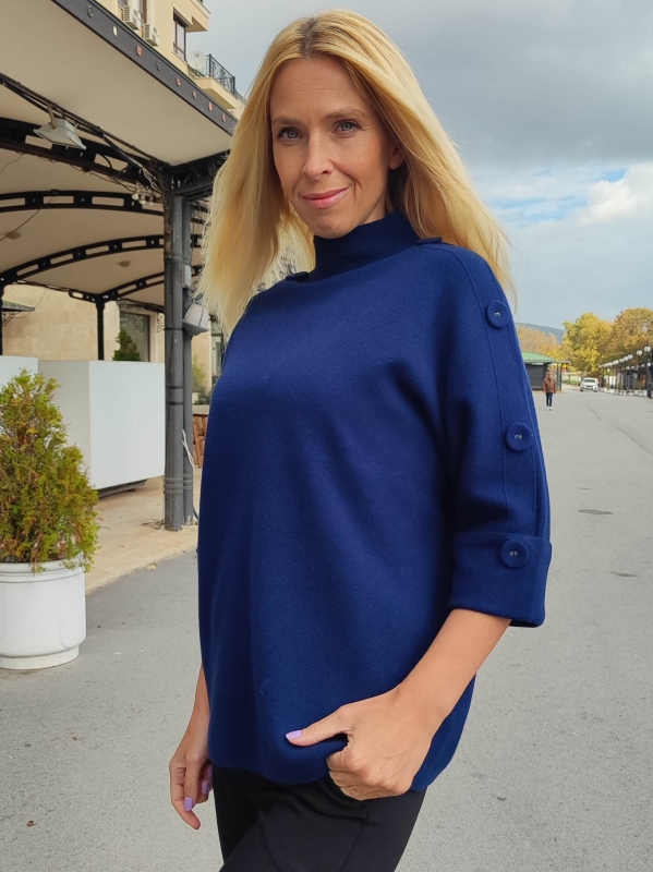 Women's dark blue sweater with buttons - stylish autumn look
