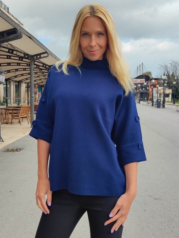 Women's dark blue sweater with buttons - stylish autumn look