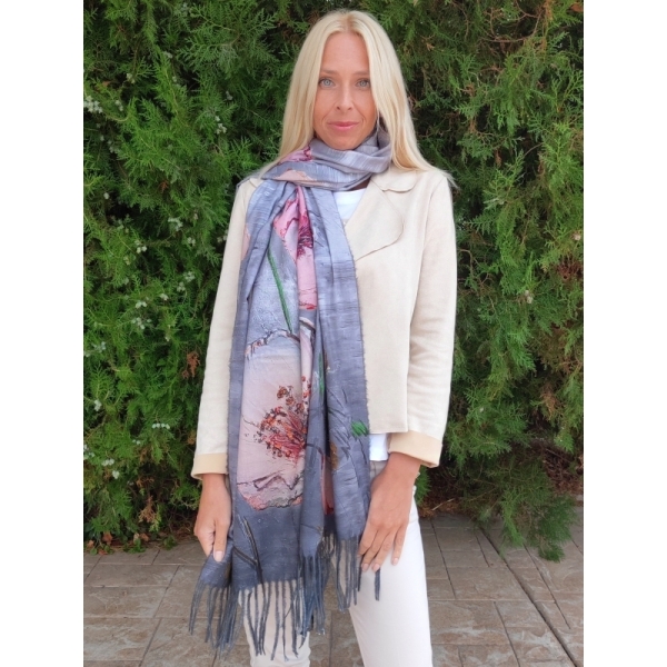 Кашмирен шал с макове в сиво