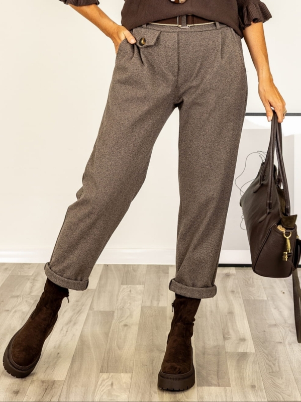 Дамски панталон тип „рибена кост“ в цвят фанго